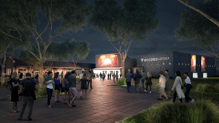 Bioceres Arena. Render exterior esquina noche